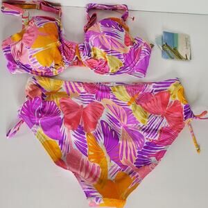 Sunseeker High Cut butterfly colorful pink & orange bikini NWT Size 10/36D